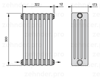 Схема (чертеж) Радиатор Zehnder Charleston 5090/7 №2670 Белый глянцевый RAL 9016